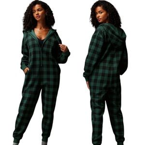 Fabletics Cozy Fleece Hooded Onesie Green Buffalo Plaid Pajamas Size XS